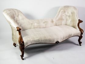 VICTORIAN LARGE CARVED WALNUT WOOD SOFA, button upholstered and covered in silky grey fabric, the