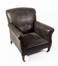 EDWARDIAN HOWARD & SONS LOUNGE CHAIR, all-upholstered and covered in black hide, with slightly out-