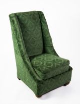 VICTORIAN SEMI-WINGED EASY CHAIR, upholstered and covered in green patterned velvet, having sprung