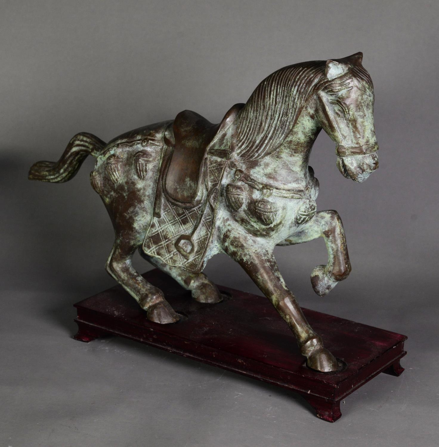 ORIENTAL ANTIQUE STYLE PATINATED BRONZE MODEL OF A CEREMONIAL HORSE, modelled in trotting pose, - Image 2 of 2