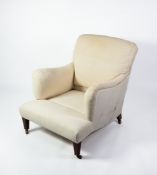 EDWARDIAN HOWARD & SONS BRIDGEWATER STYLE ARMCHAIR, with rectangular back, upholstered and covered