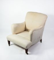 EDWARDIAN HOWARD & SONS BRIDGEWATER STYLE ARMCHAIR, with rectangular back, upholstered and covered