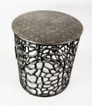 EICHHOLTZ DRUM SHAPED METAL SIDE TABLE, the white metal circular top with a repeat design of