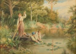 AFTER MYLES BIRKET FOSTER R W S (1825-1890) WATERCOLOUR Three children in a punt at a Lily Pond