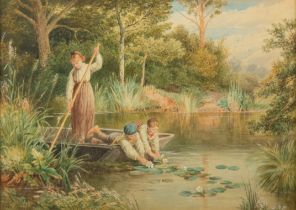 AFTER MYLES BIRKET FOSTER R W S (1825-1890) WATERCOLOUR Three children in a punt at a Lily Pond
