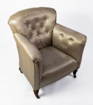 HOWARD & SONS, LATE VICTORIAN SMALL LOUNGE CHAIR, button upholstered and covered on pale gold