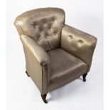 HOWARD & SONS, LATE VICTORIAN SMALL LOUNGE CHAIR, button upholstered and covered on pale gold