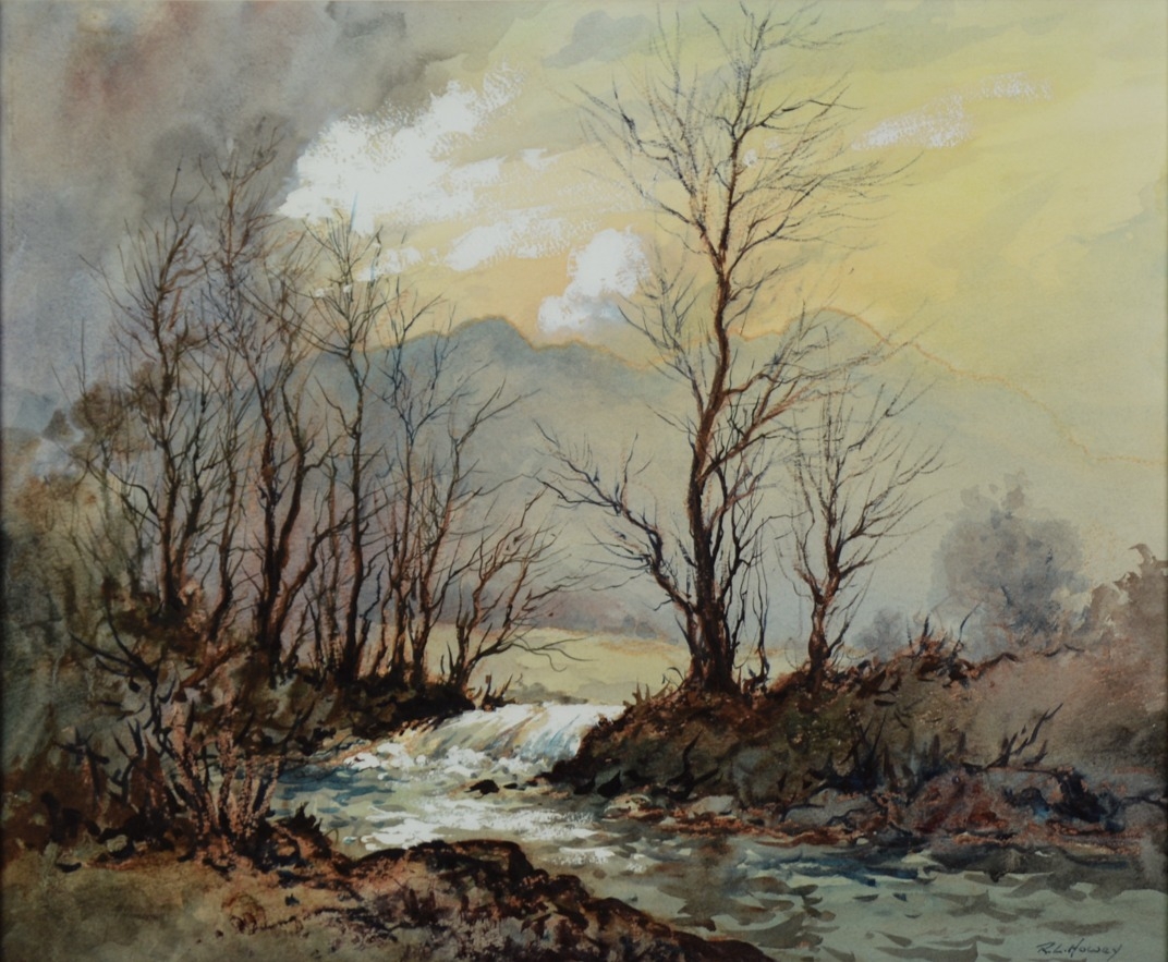 ROBERT LESLIE HOWEY (Br. 1900-1981) Watercolour and bodycolour Winter landscape with stream ‘