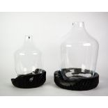 GRADUATED PAIR OF LEONARDO GLASS VASES ON CARVED BLACK WOOD BASES, 17 ½” and 13” (44.4cm and 33cm)