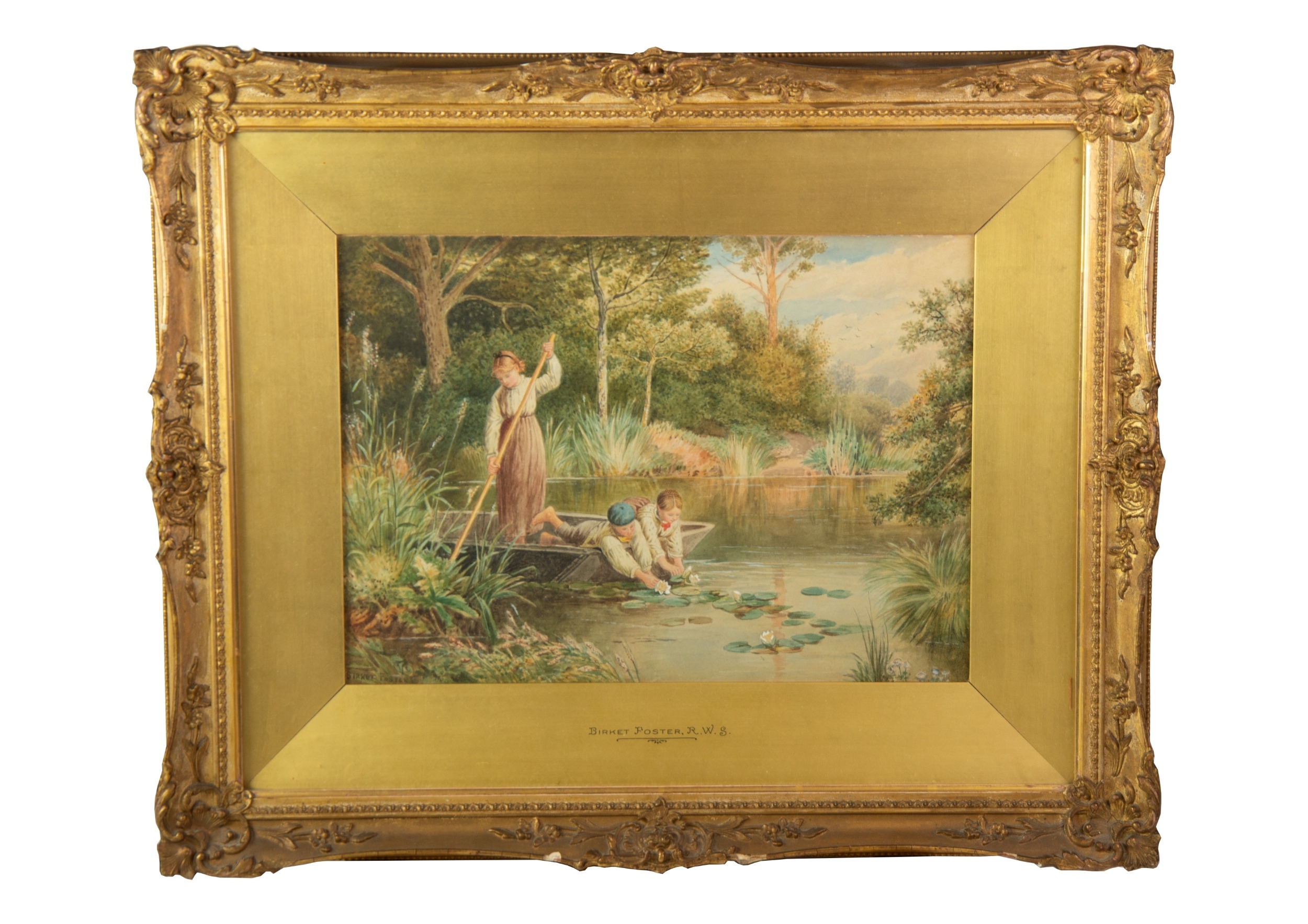 AFTER MYLES BIRKET FOSTER R W S (1825-1890) WATERCOLOUR Three children in a punt at a Lily Pond - Image 2 of 2