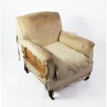 HOWARD & SONS, EARLY 20TH CENTURY LOUNGE ARMCHAIR all-upholstered and partly covered in cream damask
