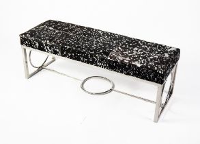 MODERN METALLIC SILVER ON BLACK LARGE COWSKIN COVERED WINDOW SEAT WITH STYLISH CHROMED BASE,