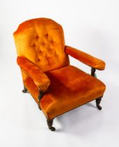 HOWARD & SONS LATE VICTORIAN EASY ARMCHAIR, the milestone-shaped button upholstered back, armrests