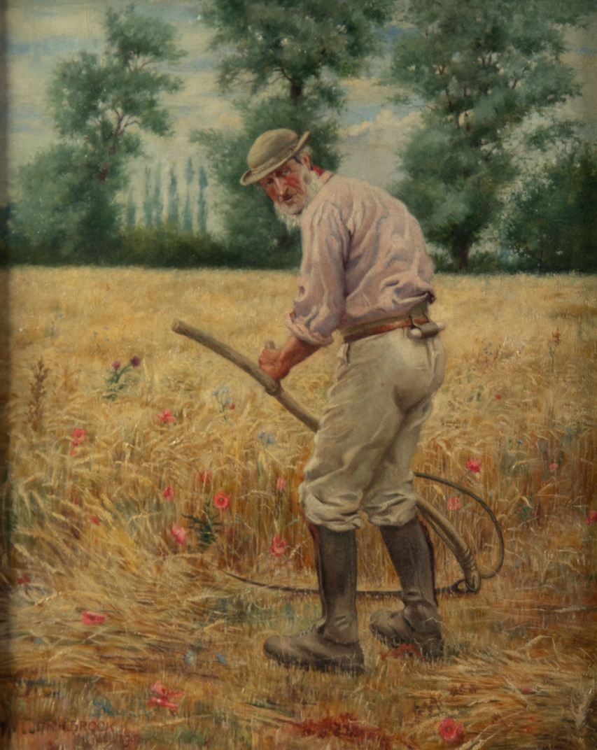 R.H. BROCK LATE 19th CENTURY OIL PAINTING ON CANVAS Field worker scything wheat Signed and dated