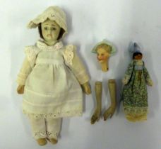 19TH CENTURY SMALL BISQUE SHOULDER HEADED GIRL DOLL, fabric body and bisque lower limbs, 7.5