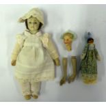 19TH CENTURY SMALL BISQUE SHOULDER HEADED GIRL DOLL, fabric body and bisque lower limbs, 7.5