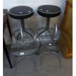 PAIR OF KITCHEN BAR STOOLS, CHROME FRAMED AND BLACK SEATS AND A PAIR OF GLASS COFFEE TABLES ON