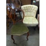 A VICTORIAN BALLOON BACK BEDROOM CHAIR AND A MODERN LOW SEATED UPHOLSTERED NURSING CHAIR (2)