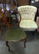A VICTORIAN BALLOON BACK BEDROOM CHAIR AND A MODERN LOW SEATED UPHOLSTERED NURSING CHAIR (2)
