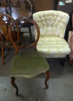 A VICTORIAN BALLOON BACK BEDROOM CHAIR AND A MODERN LOW SEATED UPHOLSTERED NURSING CHAIR (2)