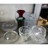 GRADUATED PAIR OF SCANDINAVIAN CLEAR GLASS ASHTRAYS, CUT GLASS WATER JUG, TWO CUT GLASS BOWLS,