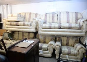 LARGE JOHN LEWIS LOUNGE SUITE, IN BANDED IVORY BROCADE, COMPRISING; THREE TWO-SEATER SOFAS AND TWO