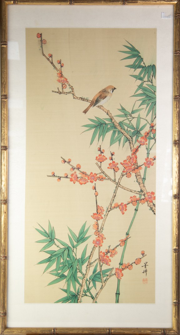 PAIR OF POST WAR ORIENTAL WATERCOLOURS ON SILK, one with a bird perched on a blossoming branch, - Image 2 of 2