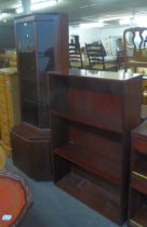 A MID-CENTURY MAHOGANY CORNER DISPLAY CABINET, AND A MID CENTURY OPEN BOOKCASE (2)