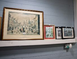 SMALL OIL PAINTING ON BOARD MAN AND DOG SIGNED 'LOWRY' AND A QUANTITY OF LOWRY PRINTS, VARIOUS SIZES