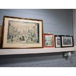 SMALL OIL PAINTING ON BOARD MAN AND DOG SIGNED 'LOWRY' AND A QUANTITY OF LOWRY PRINTS, VARIOUS SIZES