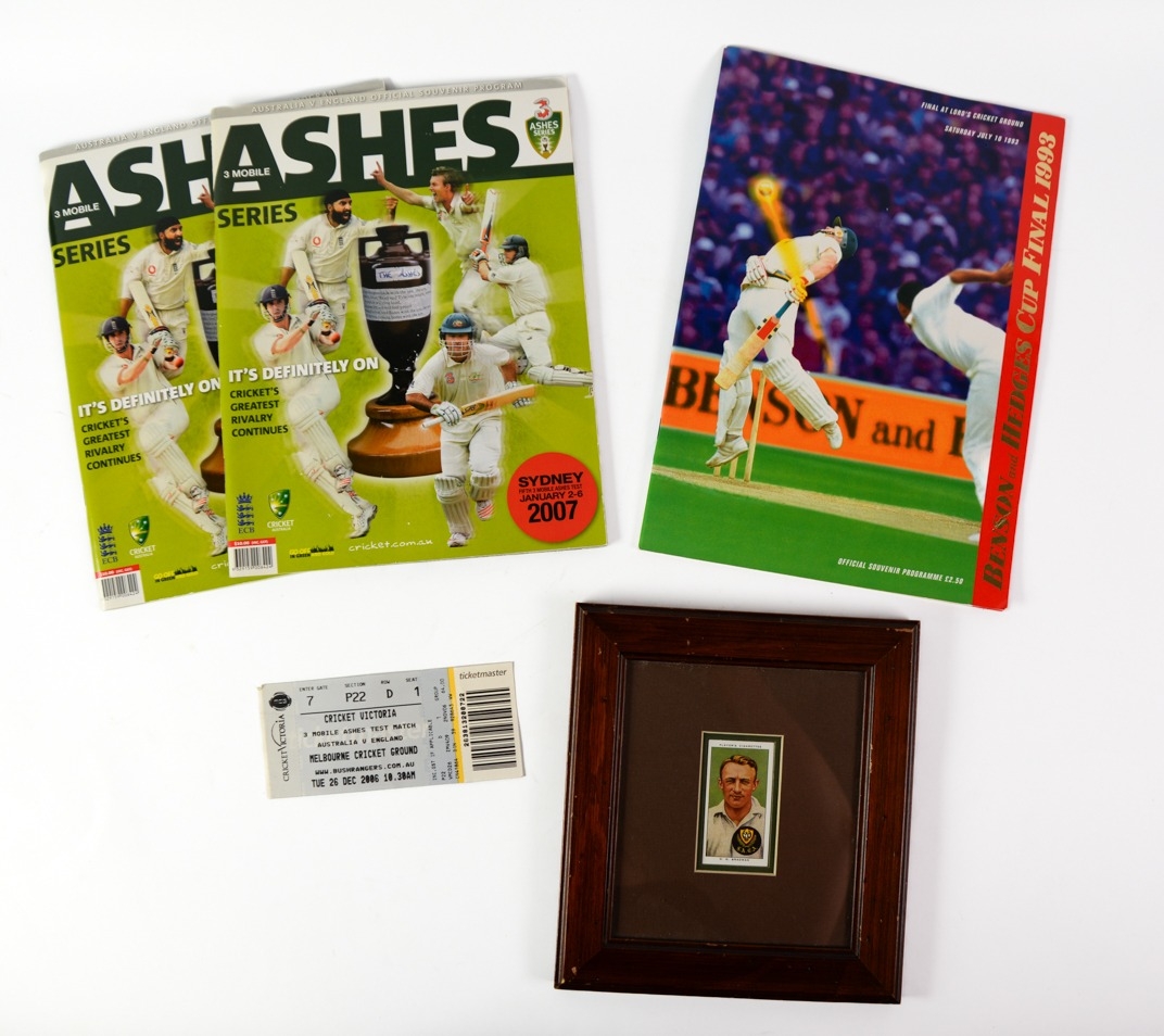 FRAMED SYDNEY CIGARETTE CARD OF DON BRADMAN, 2 MGG Test Edition Melbourne and Sydney 2007 ticket