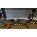 A SMALL GROUP OF BRASS ITEMS TO INCLUDE; FIRE GRILLE, AMERICAN EAGLE, MUSIC BOX, AND A STICK