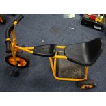 ROBO YELLOW ENAMELLED TUBULAR METAL TWO SEATER TRICYCLE, the pedals operating directly on the