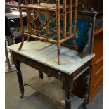 A VICTORIAN MARBLE TOPPED WASHSTAND, HAVING DECORATIVE TILED BACK, (WORMED) (A.F.)