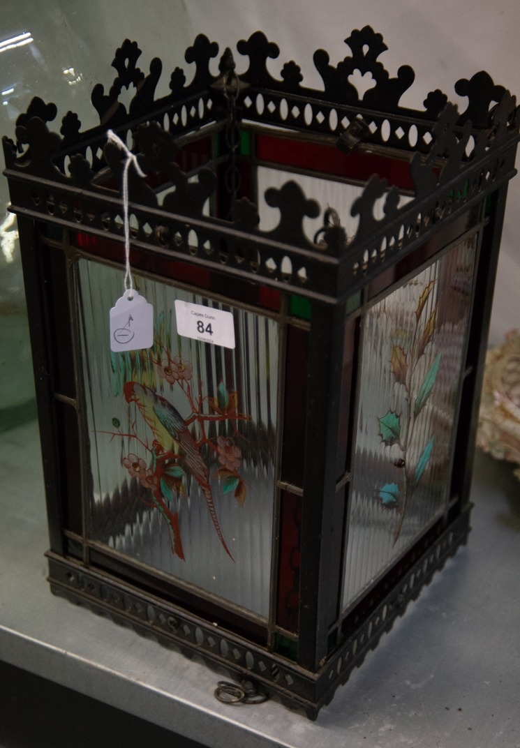 CIRCA 1900 JAPANNED METAL, LEADED, RED AND GREEN STAINED AND PAINTED GLASS PANELLED CHAIN