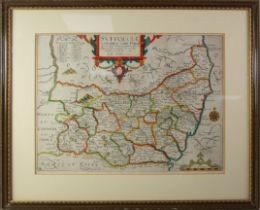 CHRISTOPHER SAXTON ANTIQUE HAND COLOURED MAP OF SUFFOLCLE (SUFFOLK), 10 ¾” x 14 ¾” (27.3cm x 37.5cm)