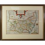 CHRISTOPHER SAXTON ANTIQUE HAND COLOURED MAP OF SUFFOLCLE (SUFFOLK), 10 ¾” x 14 ¾” (27.3cm x 37.5cm)