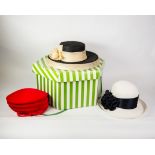 DELLA, ENGLAND; LADY'S WHITE BROAD-BRIMMED HAT with broad black band; BLACK HAT with broad cream