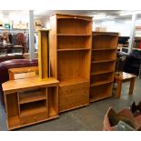 TALL PINE BOOKCASE, WITH THREE DRAWERS BELOW AND SHELVES ABOVE, PINE OPEN BOOKCASE OF FOUR