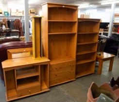 TALL PINE BOOKCASE, WITH THREE DRAWERS BELOW AND SHELVES ABOVE, PINE OPEN BOOKCASE OF FOUR