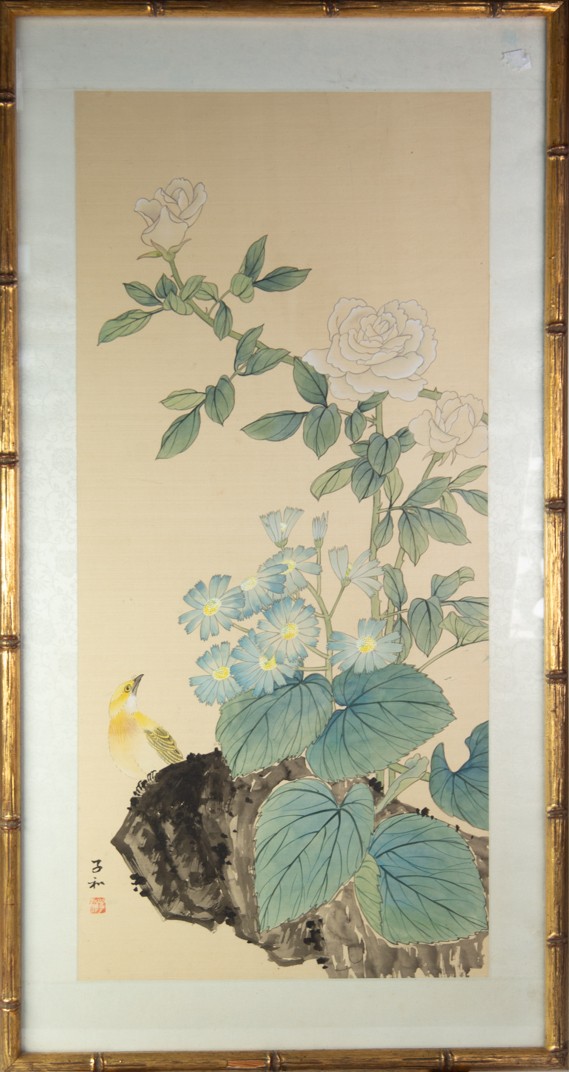 PAIR OF POST WAR ORIENTAL WATERCOLOURS ON SILK, one with a bird perched on a blossoming branch,