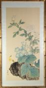 PAIR OF POST WAR ORIENTAL WATERCOLOURS ON SILK, one with a bird perched on a blossoming branch,