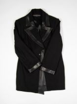 JEAN-LOUIS SCHERRER, PARIS, LADY'S 96% WOOL BLACK LONG OVERCOAT, trimed overall in black leather;