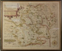 JOHANNES NORDEN ANTIQUE HAND COLOURED MAP OF HERTFORDIAE (HERTFORDSHIRE), 11” x 13 ¾” (28cm x 34.