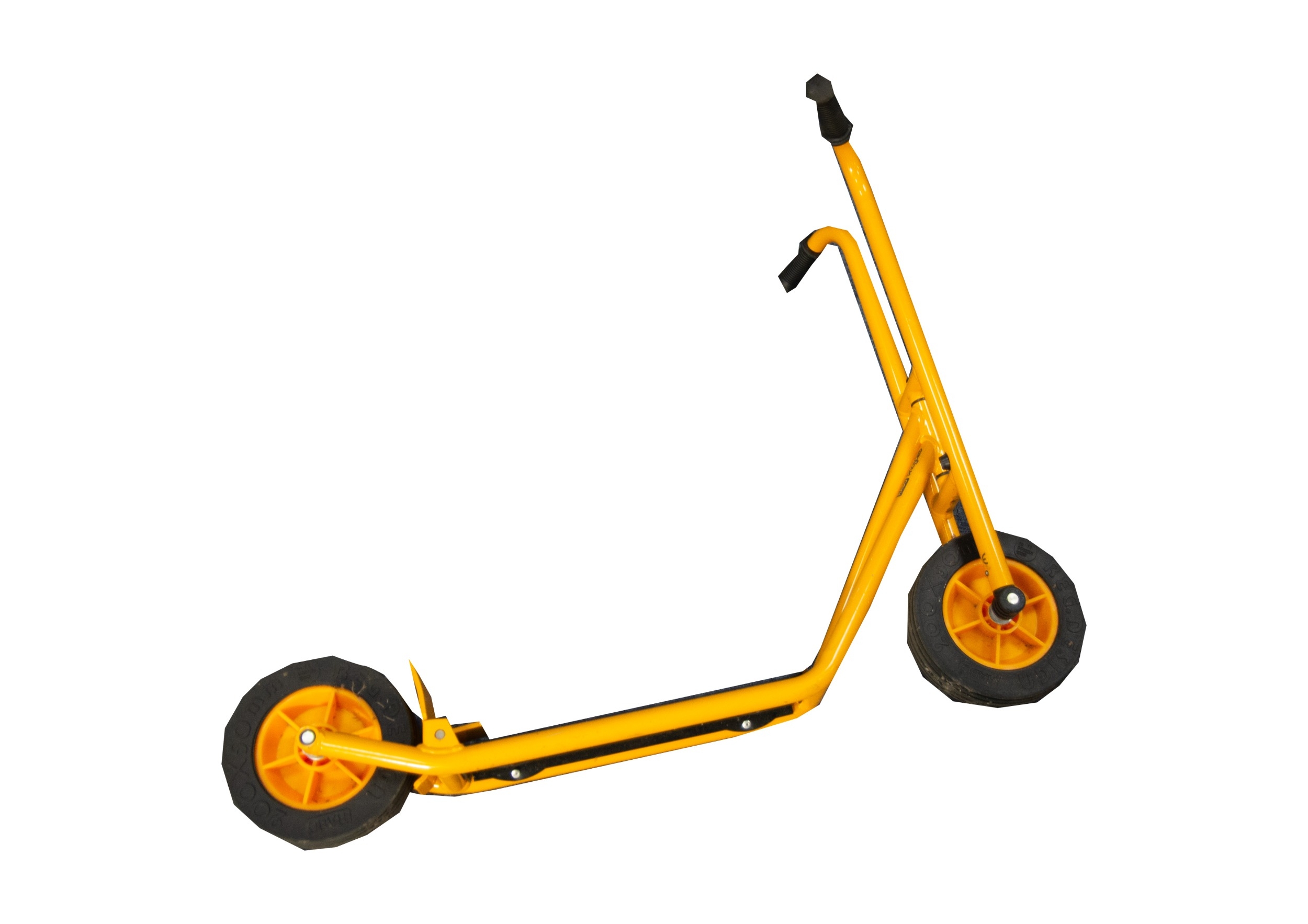 CHILD'S ROBO MOON-CAR, YELLOW ENAMELLED TUBULAR METAL PEDAL CAR with yellow plastic seat, four