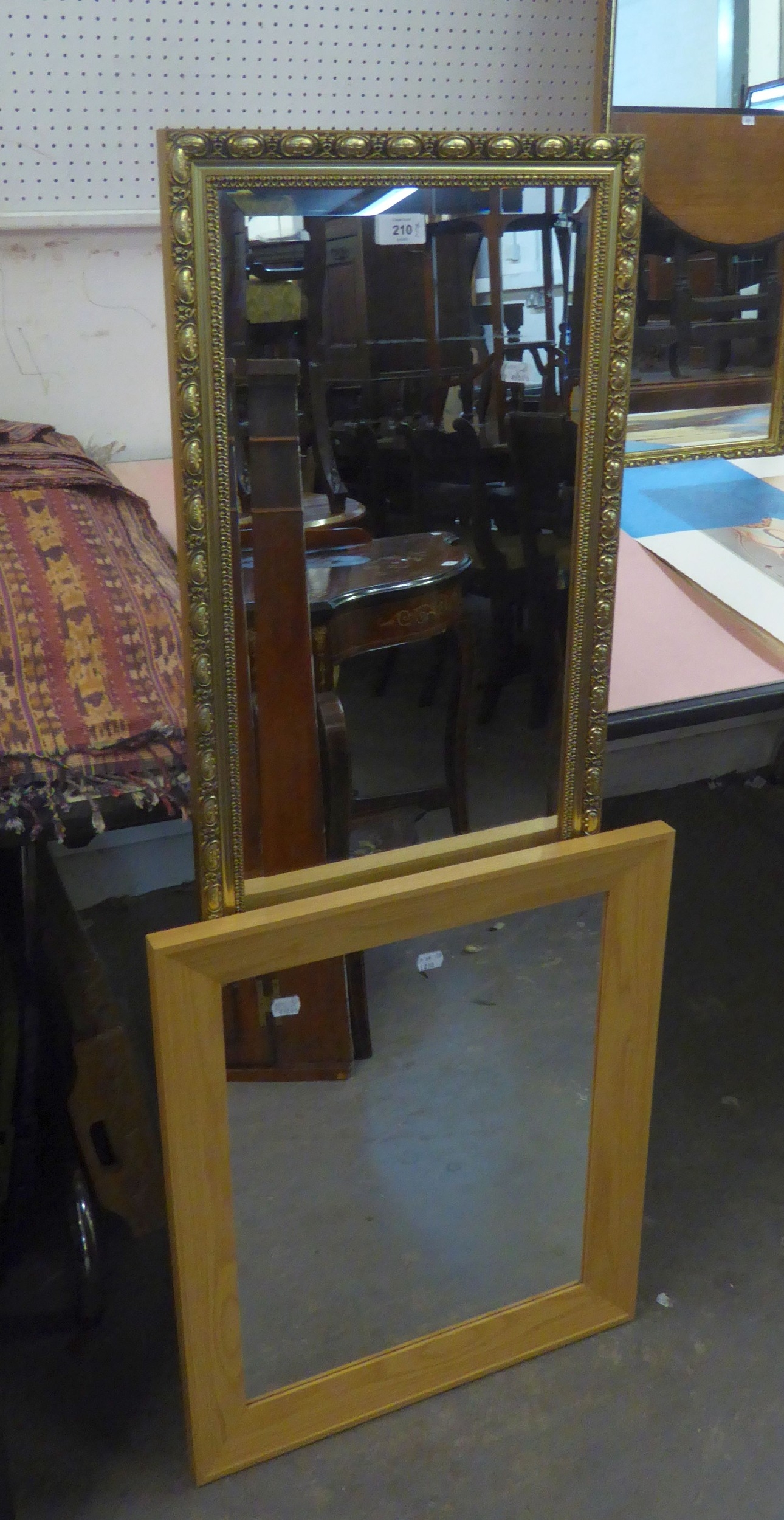 A GILT FRAMED ROBING MIRROR AND A LIGHT OAK FRAMED WALL MIRROR (2)