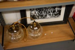 PAIR OF BRITISH HOME STORES GILT METAL AND AMBER GLASS CEILING LIGHTS, and a REPRODUCTION BLACK