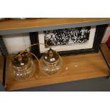 PAIR OF BRITISH HOME STORES GILT METAL AND AMBER GLASS CEILING LIGHTS, and a REPRODUCTION BLACK