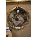 VICTORIAN OVAL CHENILLE TAPESTRY PICTURE OF A GIRL AND A GOAT, contained in the original gilt