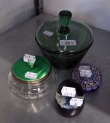 AN ART DECO SILVER AND ENAMEL POWDER JAR, A GREEN SCANDINAVIAN BON-BON DISH AND TWO PAPERWEIGHTS (4)